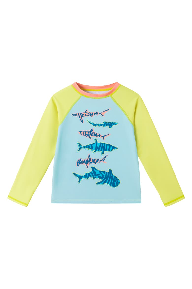 Kids' Sailboat Long Sleeve Two-Piece Rashguard Swimsuit, Alternate, color, AQUA SHARK