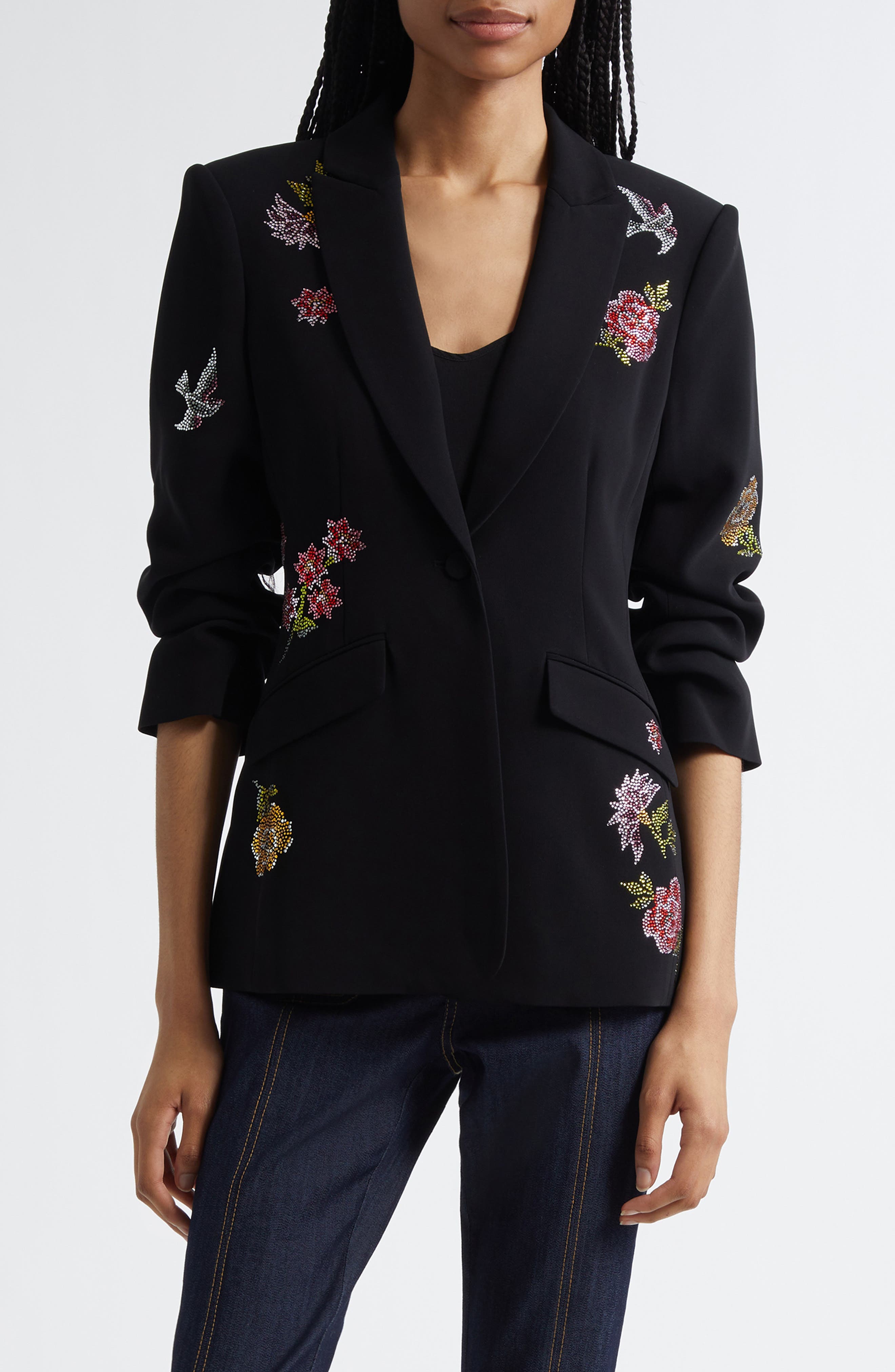 Cinq à Sept Cheyenne Crystal Flower Embellished Scrunched Blazer