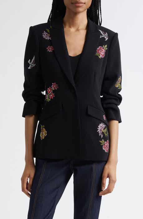 Cinq à Sept Cheyenne Crystal Flower Embellished Scrunched Blazer