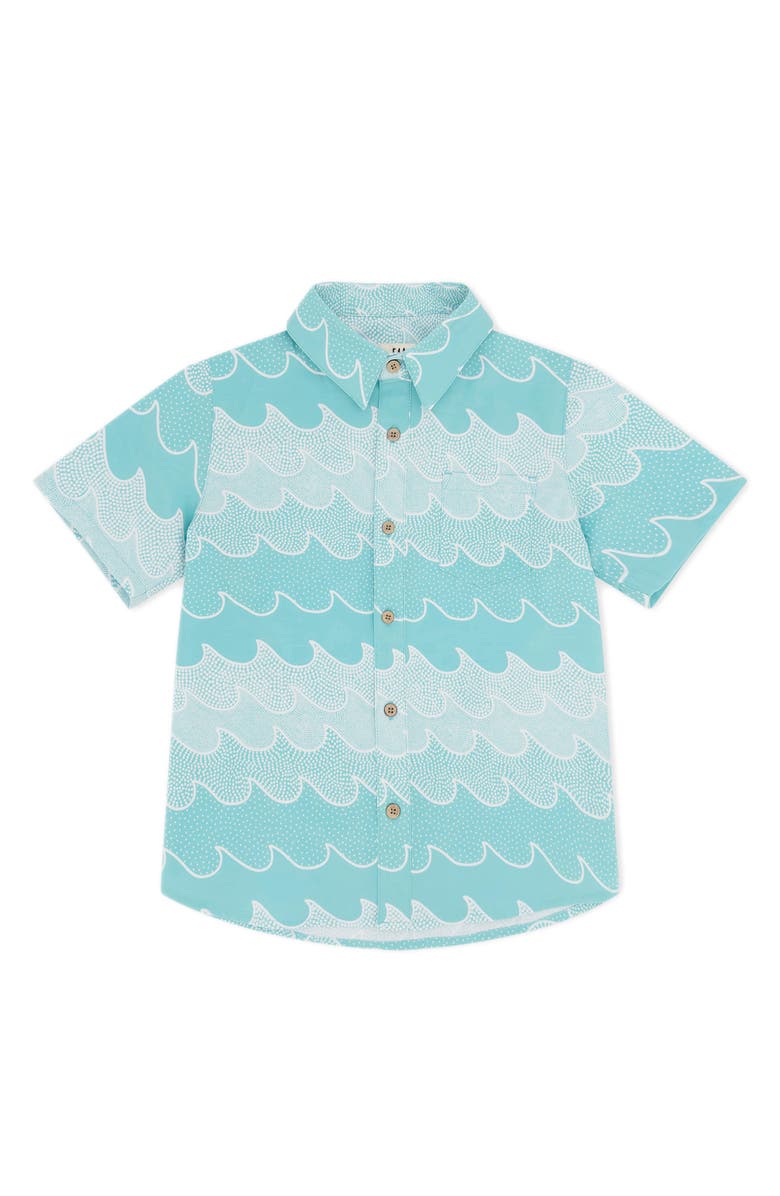 Feather 4 Arrow BUTTON Kids' Wave Print Short Sleeve Button-Up Shirt, Main, color, Sea Jet