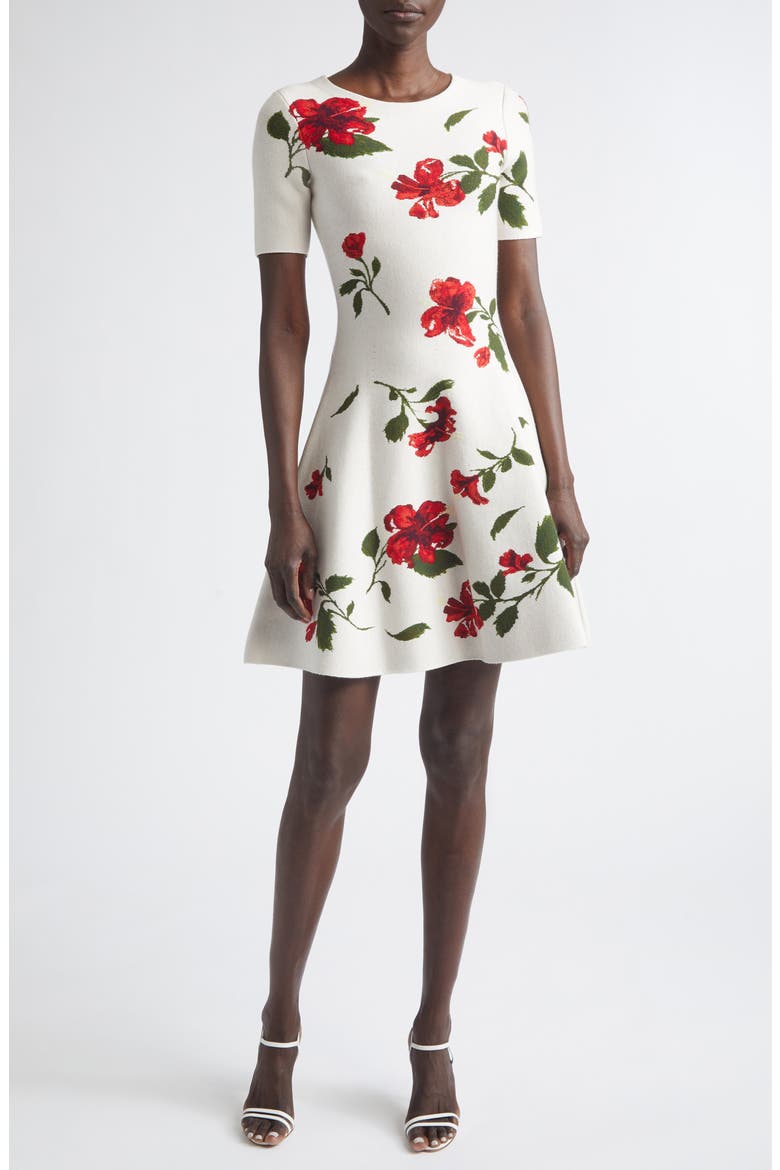 Hibiscus Jacquard Sweater Dress, Main, color, RED/ ECRU