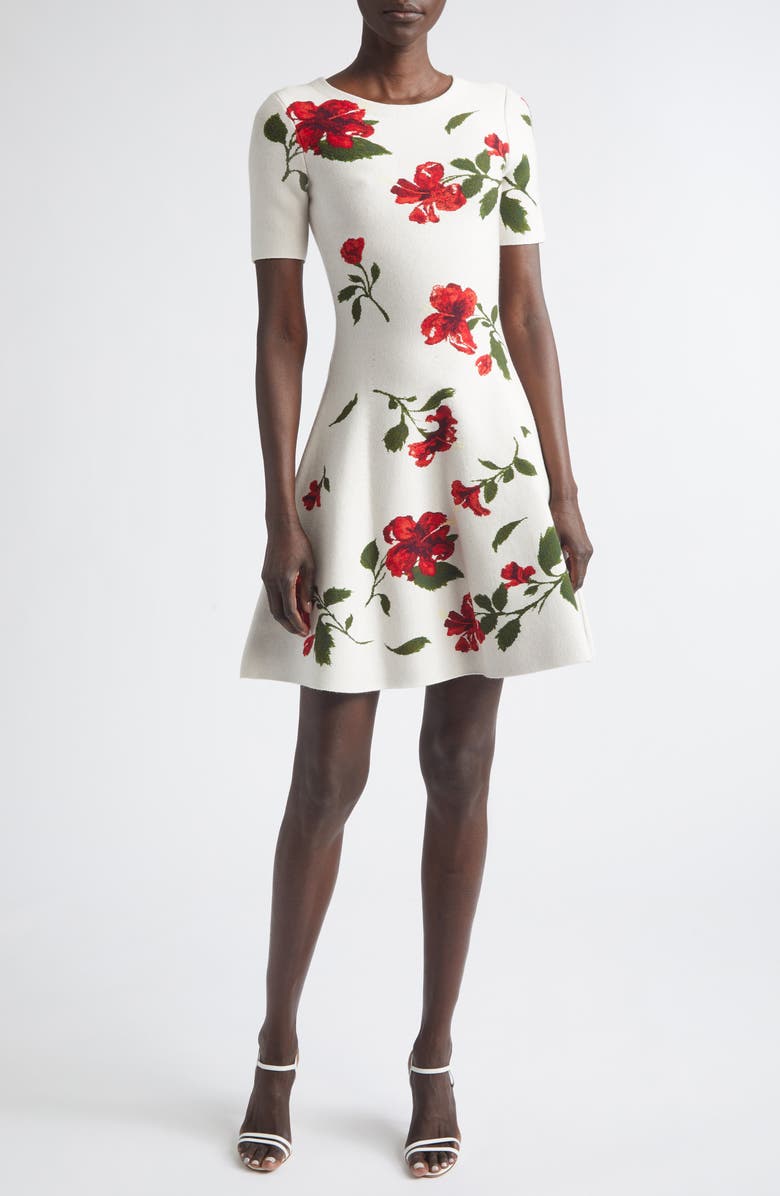 Oscar de la Renta Hibiscus Jacquard Sweater Dress, Main, color, Red/ Ecru