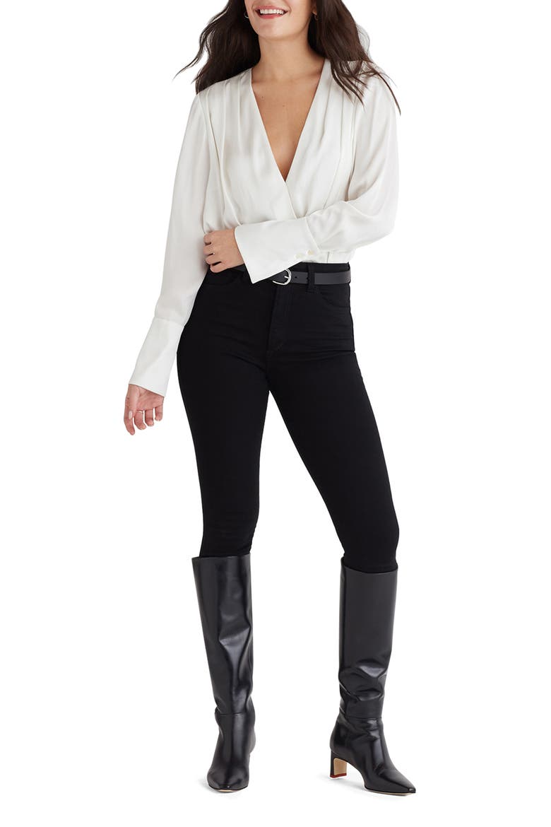 Surplice Long Sleeve Satin Bodysuit, Alternate, color, IVORY