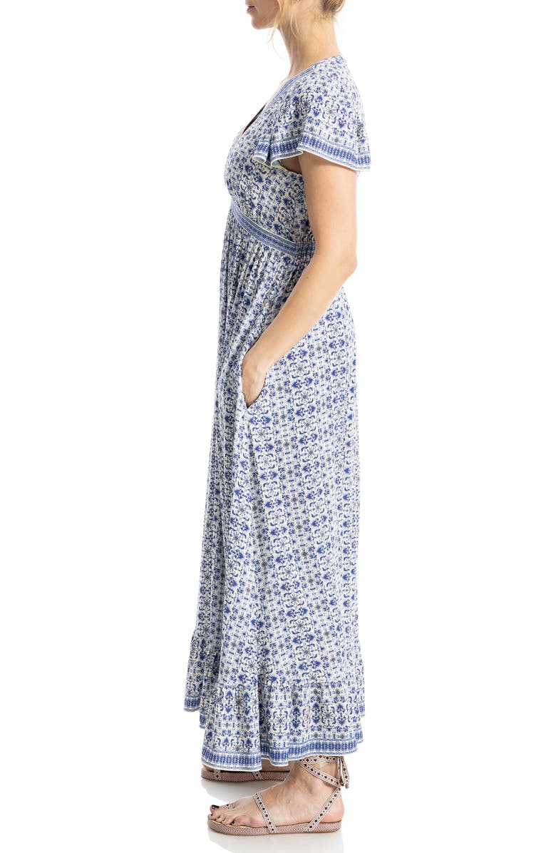 MAX STUDIO Empire Waist Flutter Sleeve Maxi Dress, Alternate, color, Cream/ Blue Demask Reverie