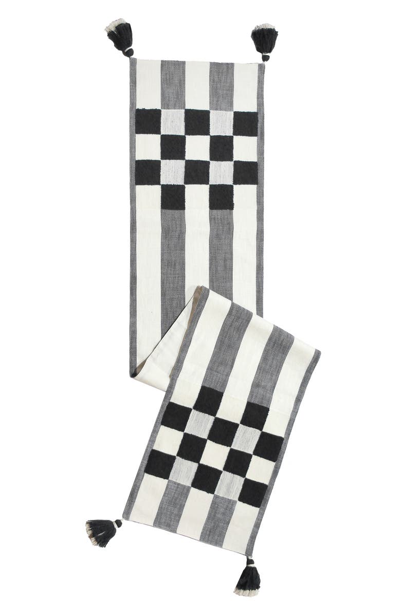 MACKENZIE CHILDS Black Checks & Stripes Table Runner, Main, color, Black