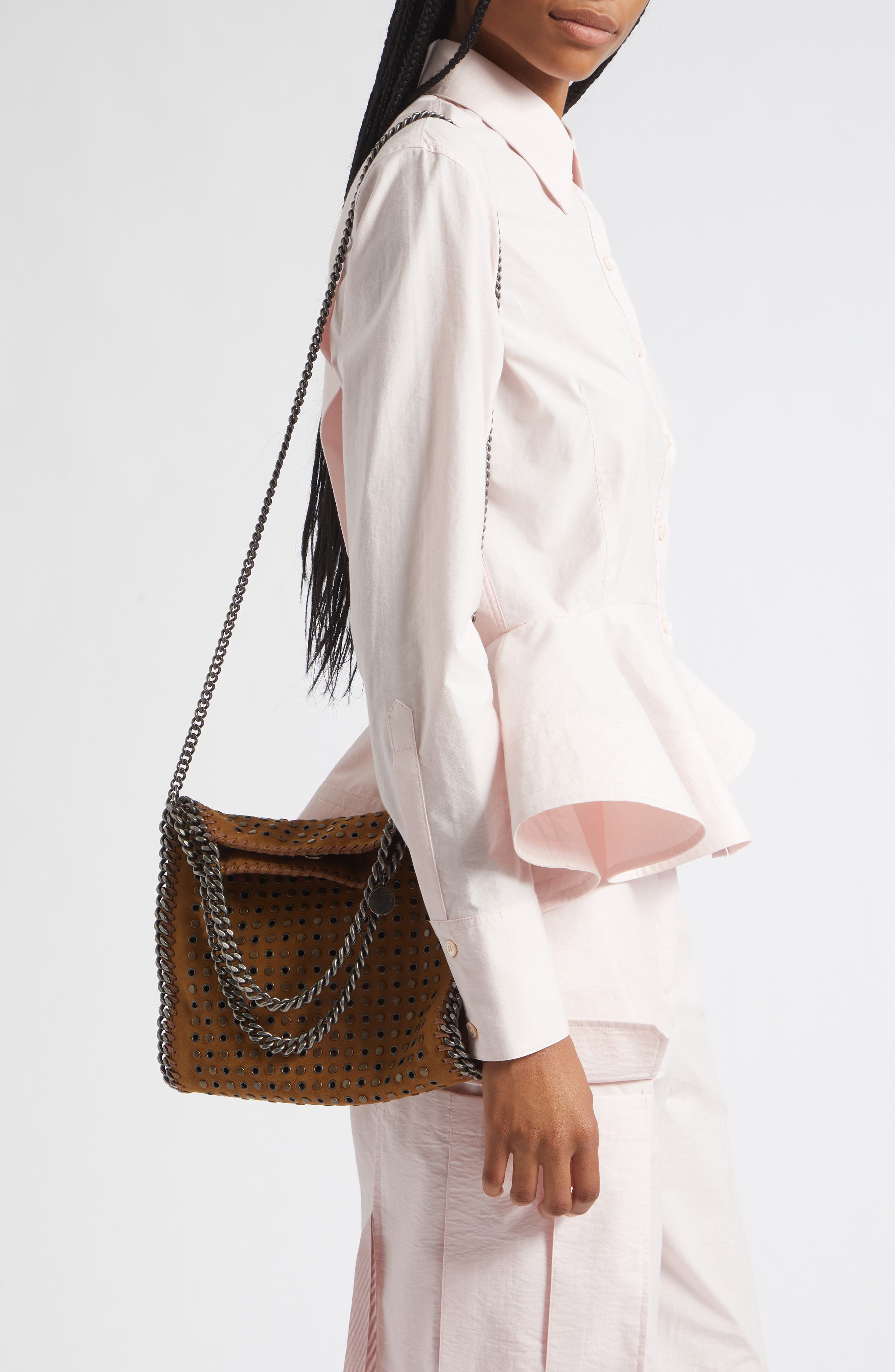 Mini Falabella Studded Faux Suede Tote, Alternate, color, BRANDY