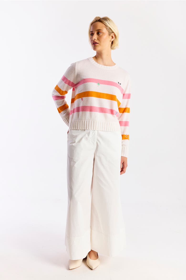 Beach Embroidery 100% Cashmere Sweater, Alternate, color, Pink & Orange Stripes