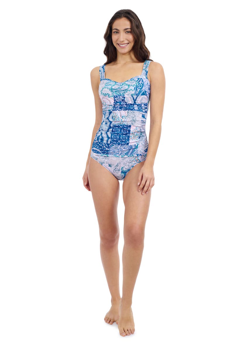 Karma D Cup Center Ruched Tankini, Main, color, Blue Multi