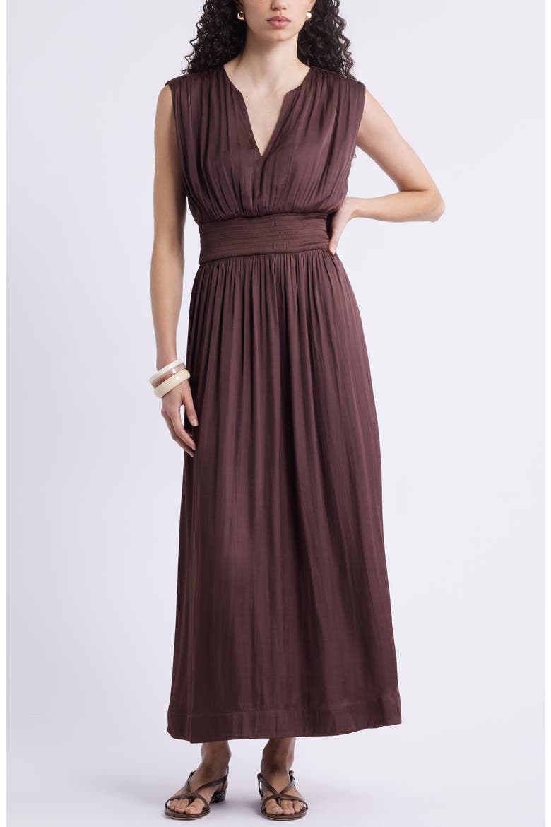 Sleeveless Smocked Satin Maxi Dress, Main, color, BROWN MALICACIA