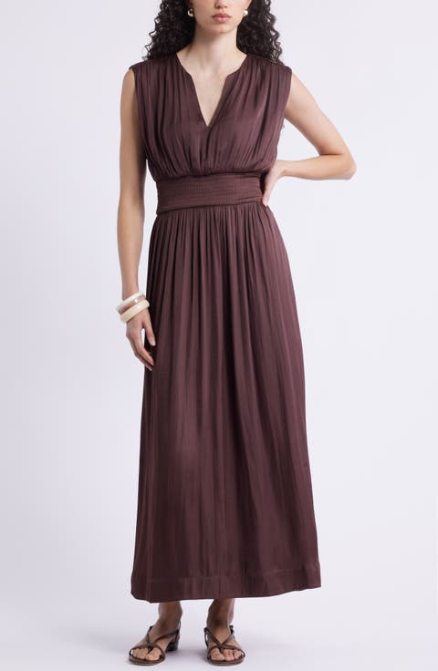 Sleeveless Smocked Satin Maxi Dress
