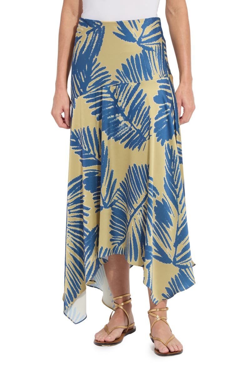 Catriona Leaf Print Handkerchief Hem Hammered Satin Skirt, Main, color, SICILIAN PALM