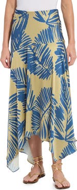 Lysse Catriona Leaf Print Handkerchief Hem Hammered Satin Skirt