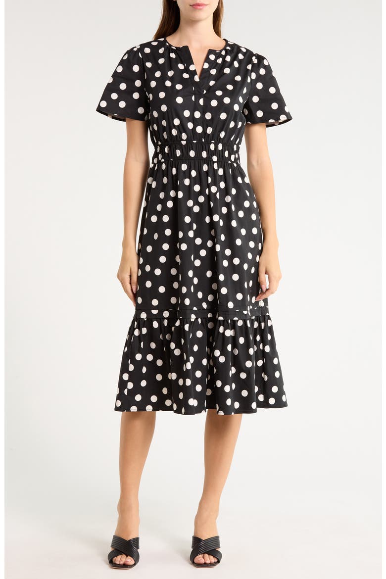 Polka Dot Short Sleeve Flounced Midi Dress, Main, color, BLACK/ TAUPE