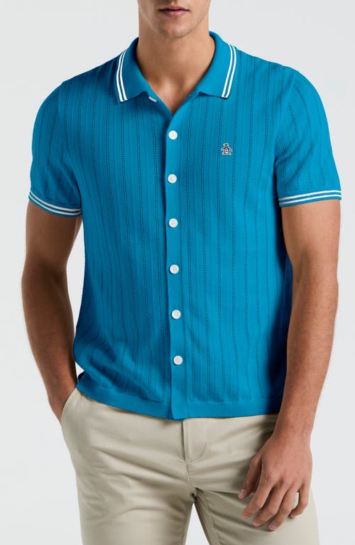 Original Penguin Drope Needle Polo Cardigan In Mosaic Blue