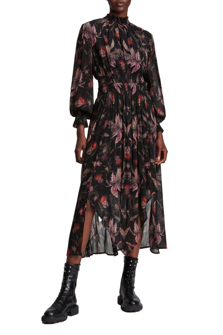 Harriet Harris Floral Print Long Sleeve Midi Dress, Main, color, BLACK