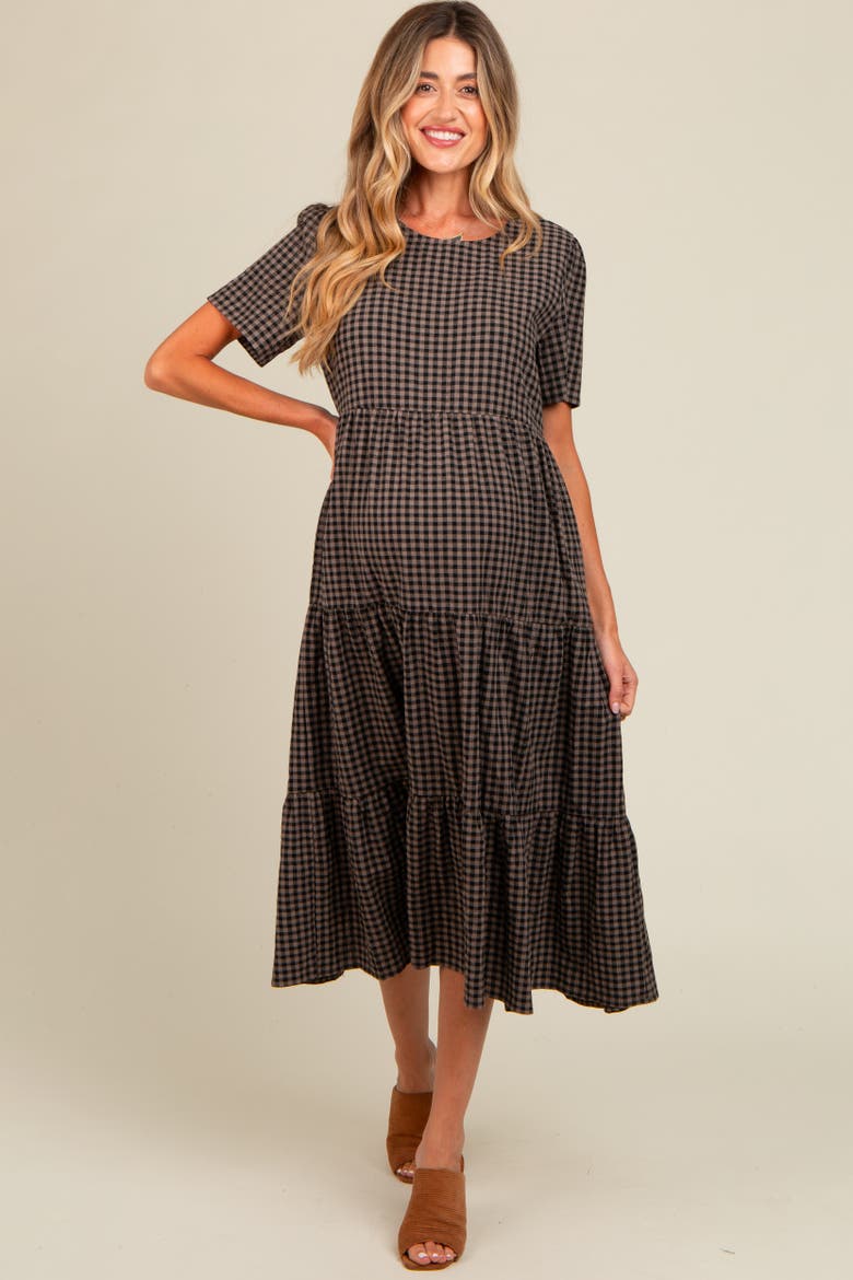 Gingham Tiered Midi Dress, Alternate, color, Black