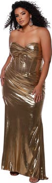 Sydney's Closet Strapless Metallic Sweetheart Neckline Plus Size Gown