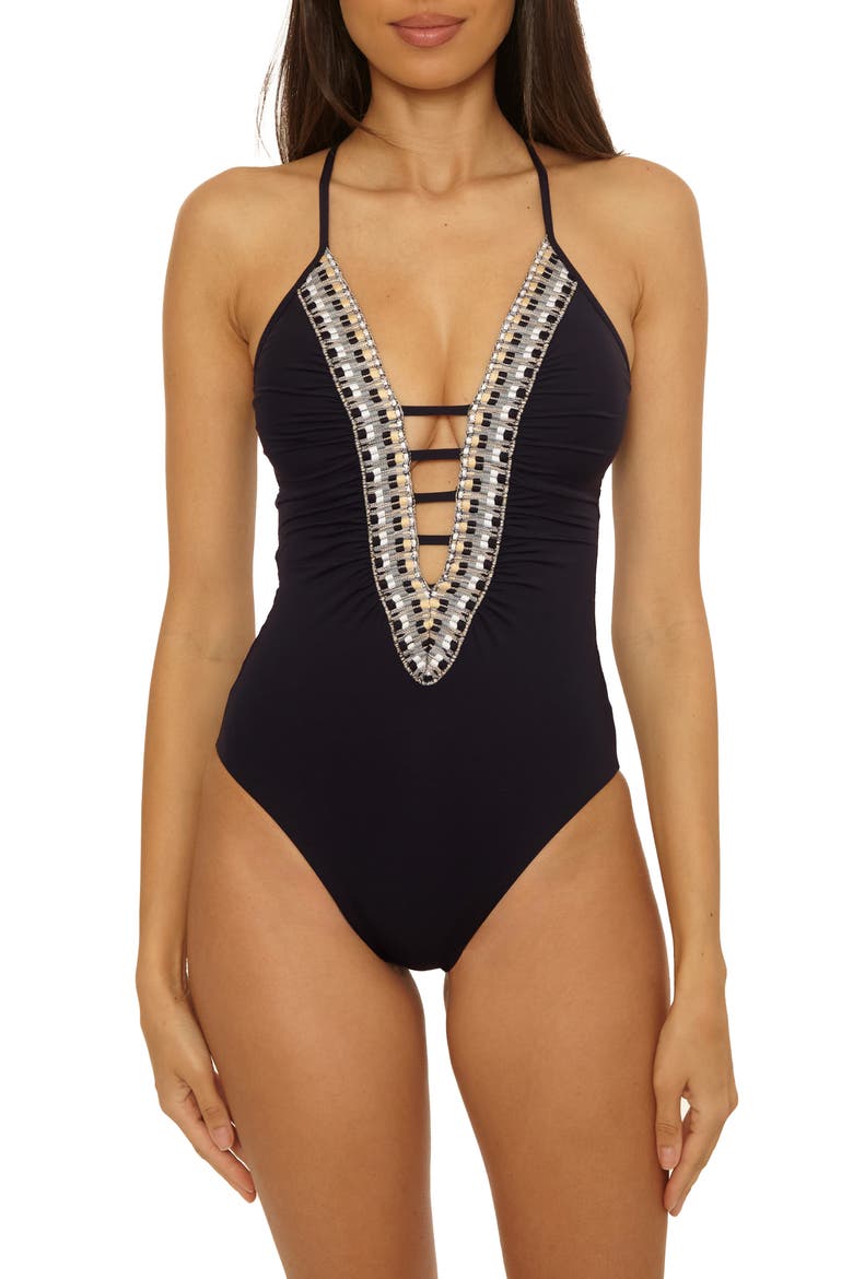 Fiesta Plunge One-Piece Swimsuit, Main, color, BLACK