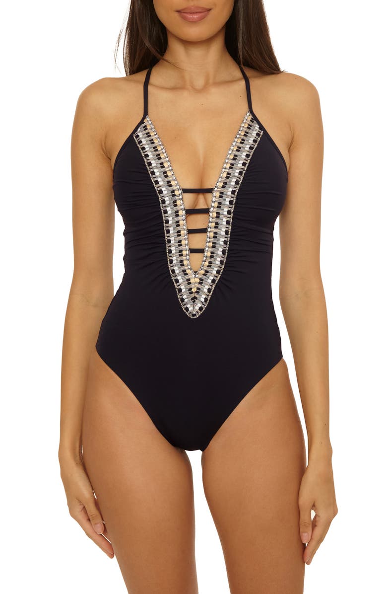 Becca Fiesta Plunge One-Piece Swimsuit, Main, color, Black