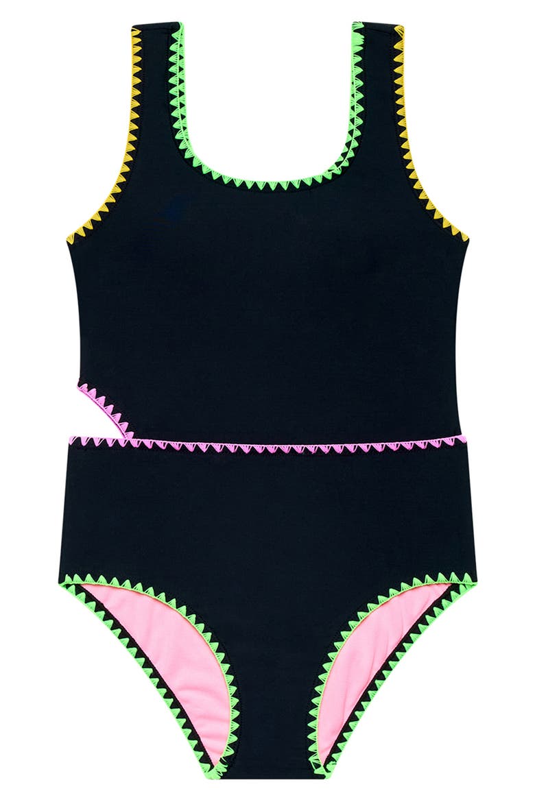 Kids' Color Coded Whipstitch Two-Piece Swimsuit, Main, color, BLACK