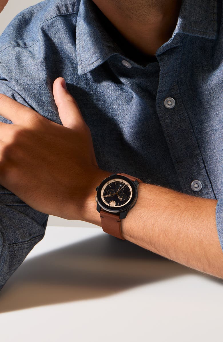 Movado Bold TR90 Leather Strap Watch, Alternate, color, Black Dial