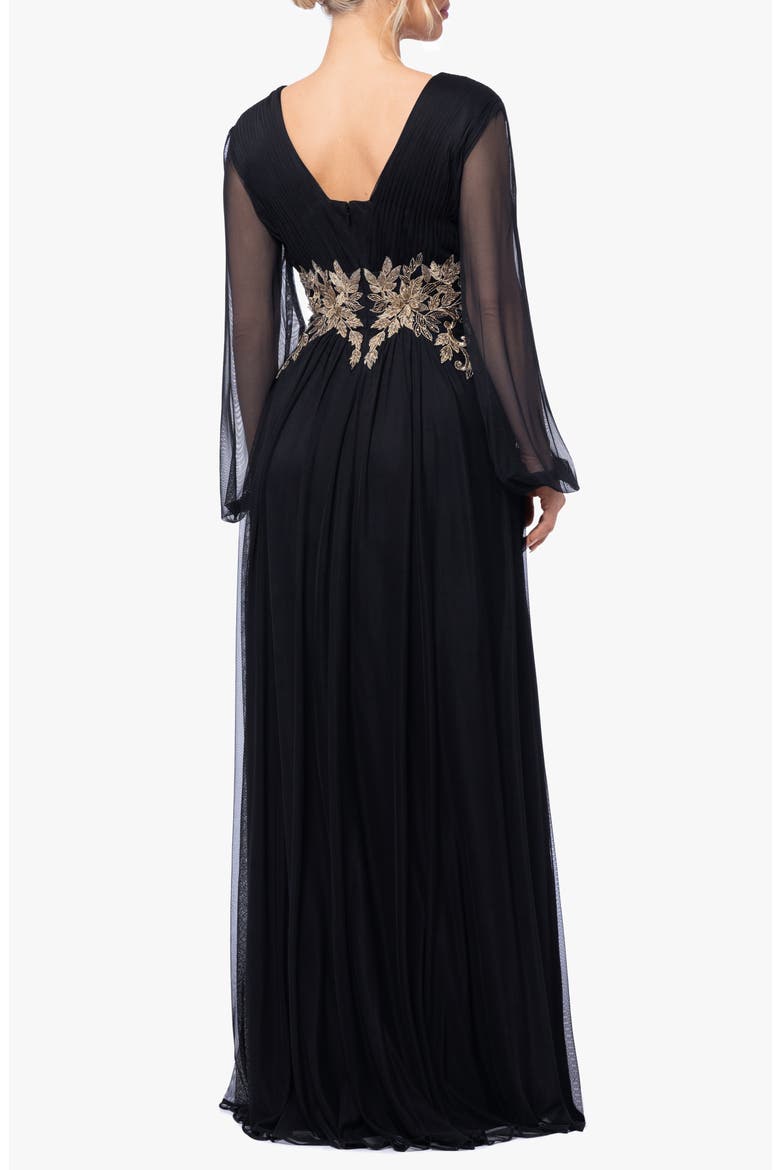 Metallic Floral Appliqué Long Sleeve Gown, Alternate, color, BLACK/ GOLD