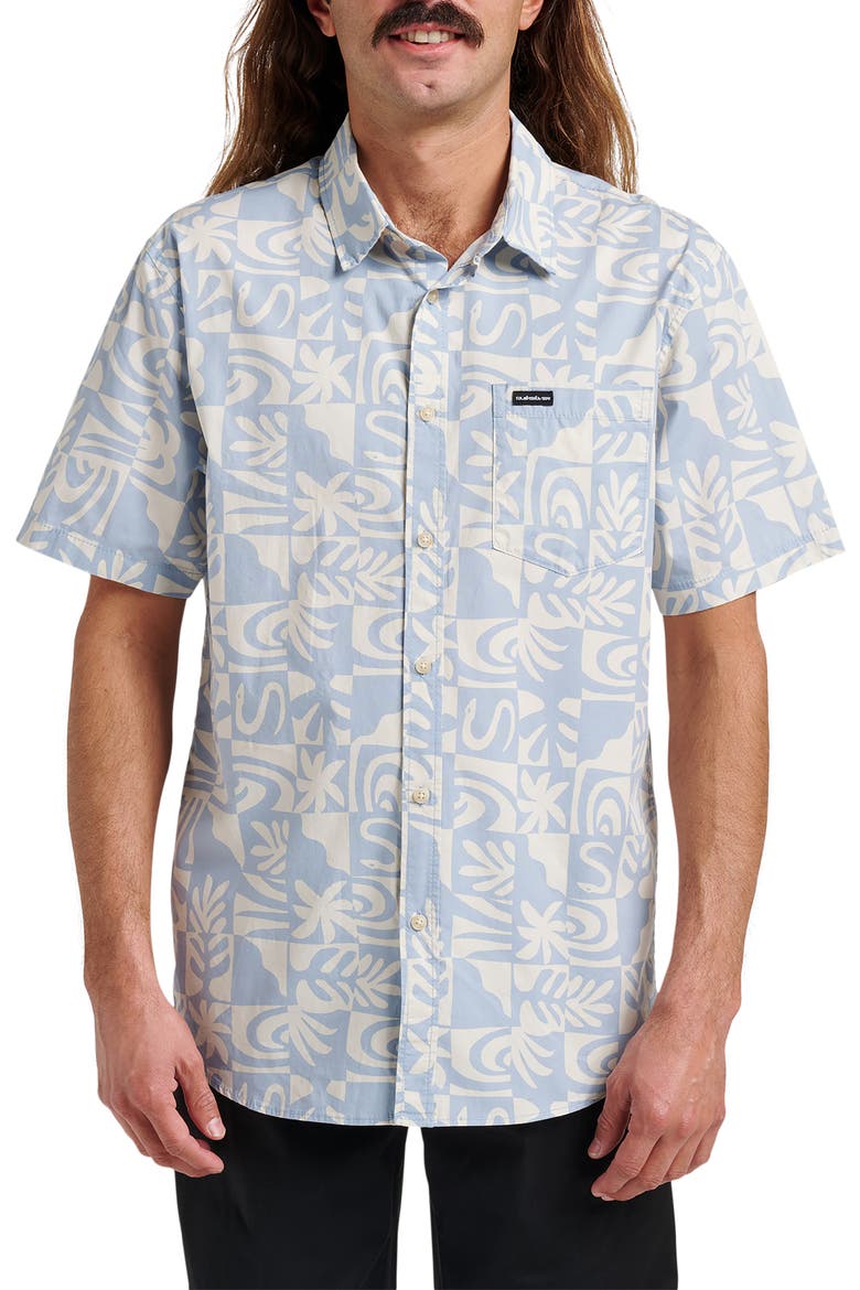 Terra Classic Abstract Print Short Sleeve Stretch Cotton Button-Up Shirt, Main, color, ASHLEY BLUE