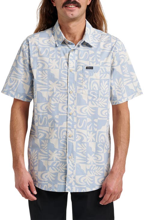 Terra Classic Abstract Print Short Sleeve Stretch Cotton Button-Up Shirt