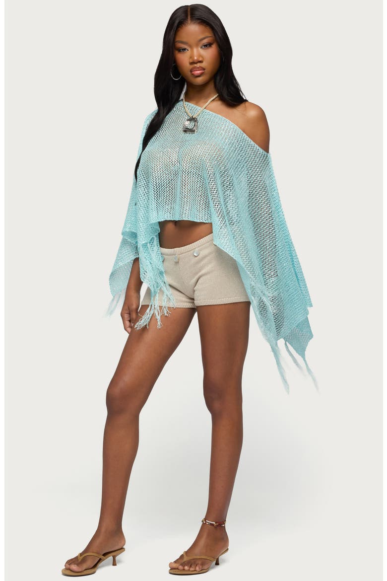 Sequin Fringe Knit Poncho, Alternate, color, LIGHT-BLUE