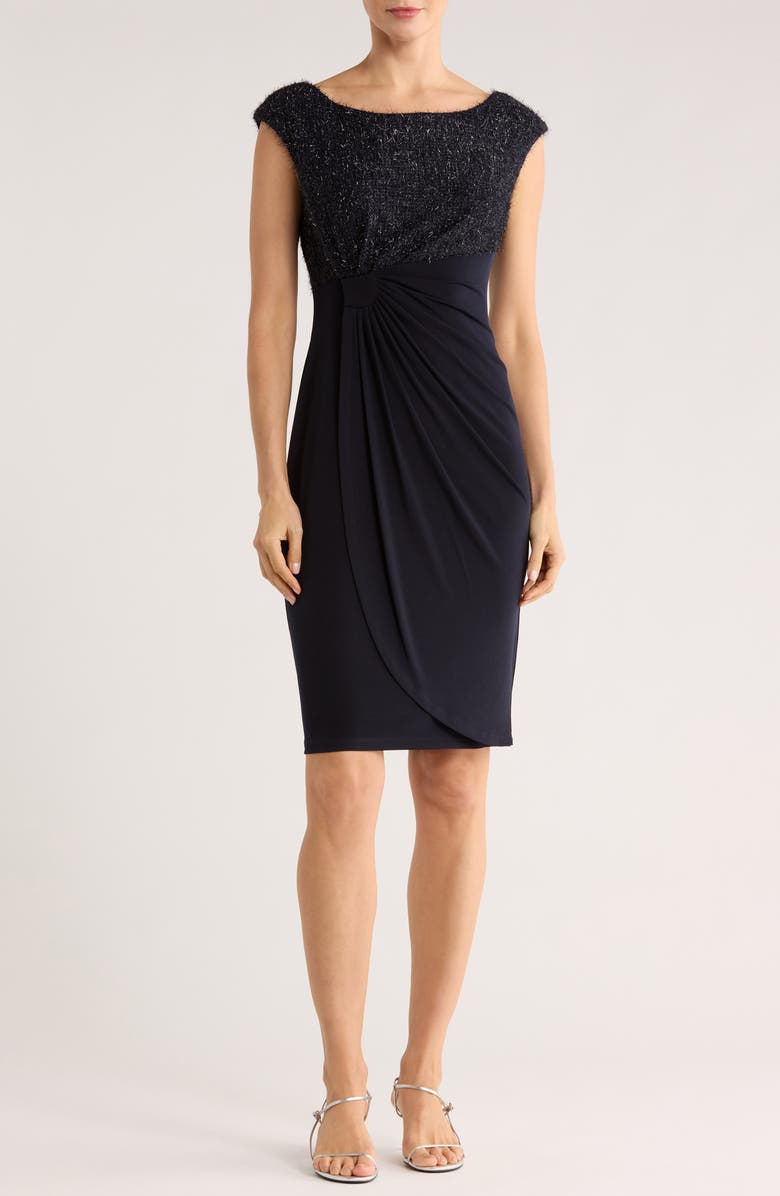 Connected Apparel Eyelash Faux Wrap Cocktail Dress, Main, color, Midnight
