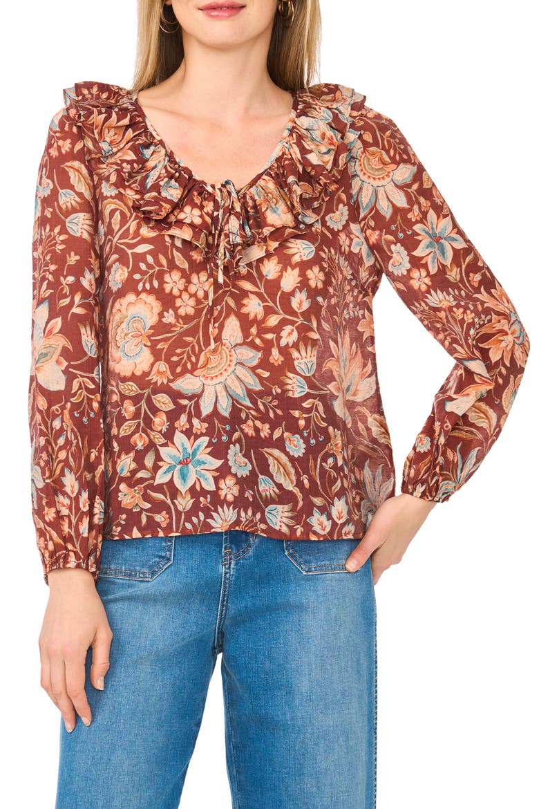 Floral Ruffle V-Neck Top, Main, color, RUSSET BROWN-235