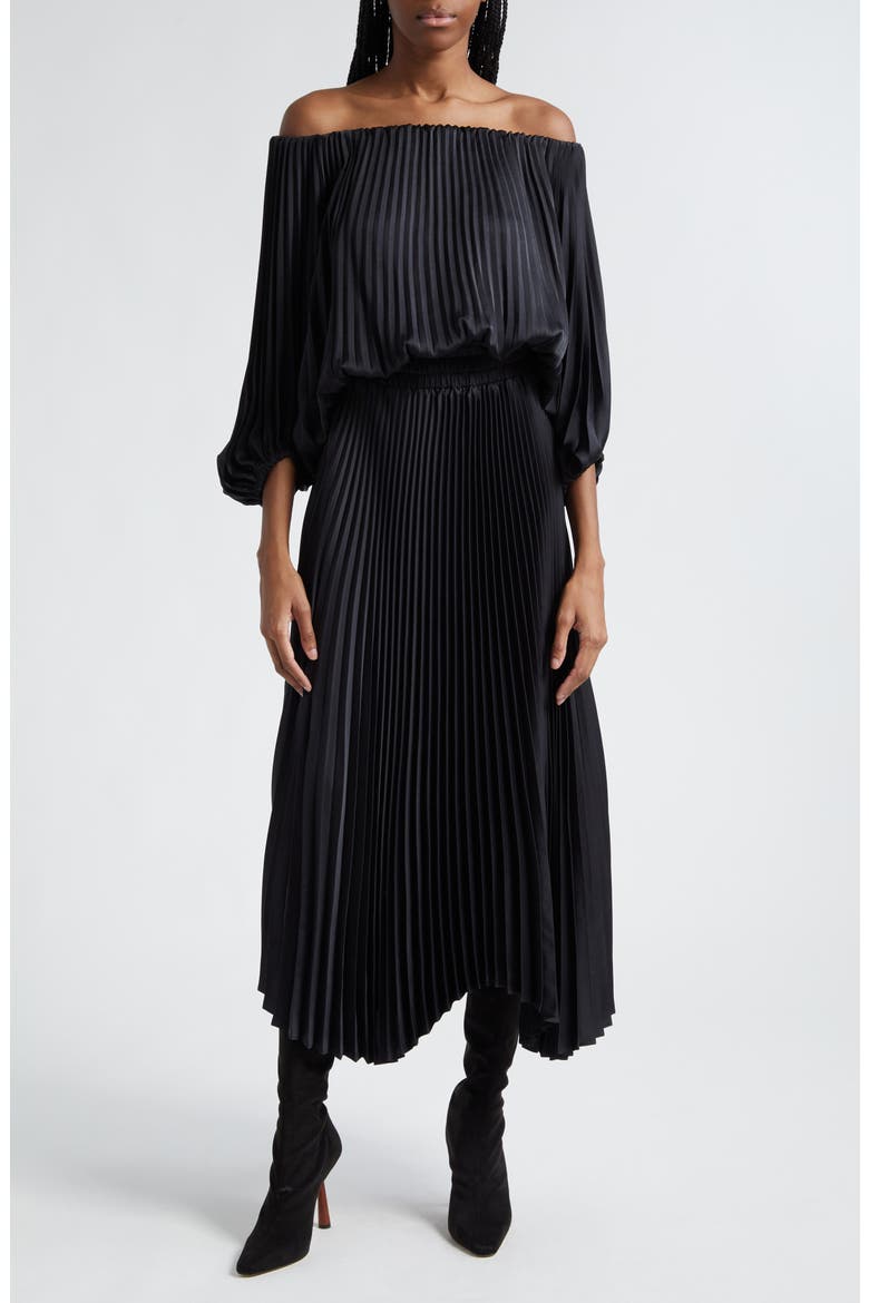 Sienna Pleated Off the Shoulder Maxi Dress, Main, color, BLACK