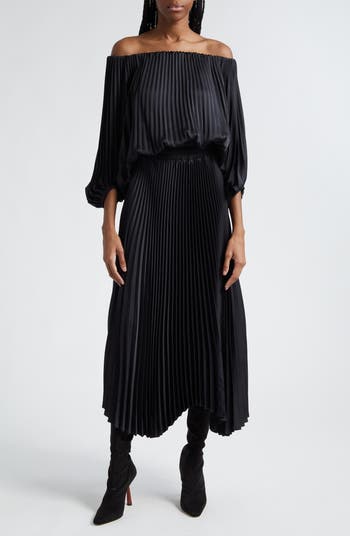 Off the shoulder pleated maxi dress best sale