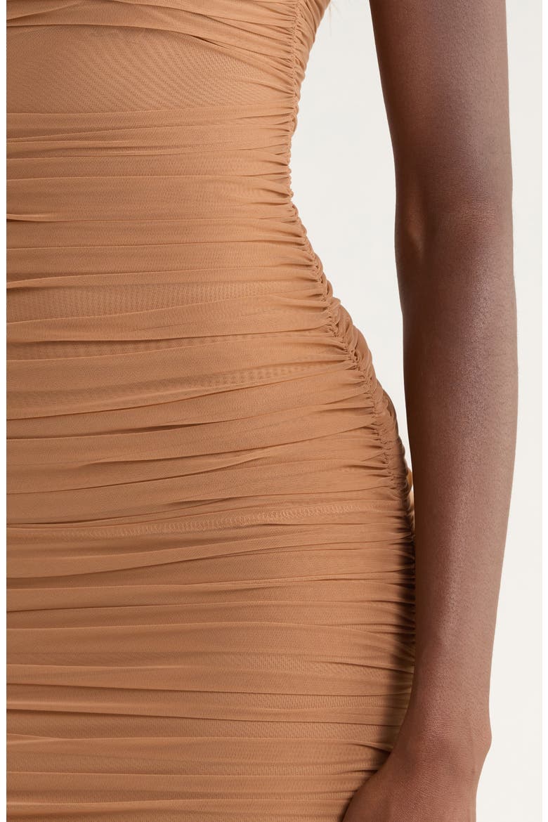 Fornarina Ruched Mesh Maxi Dress, Alternate, color, TAN