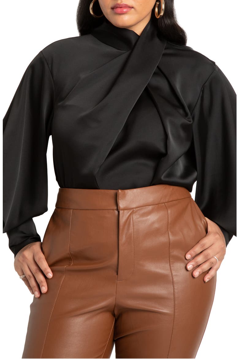 Draped Neck Satin Blouse, Main, color, BLACK ONYX