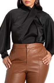ELOQUII Draped Sleeve Satin Blouse