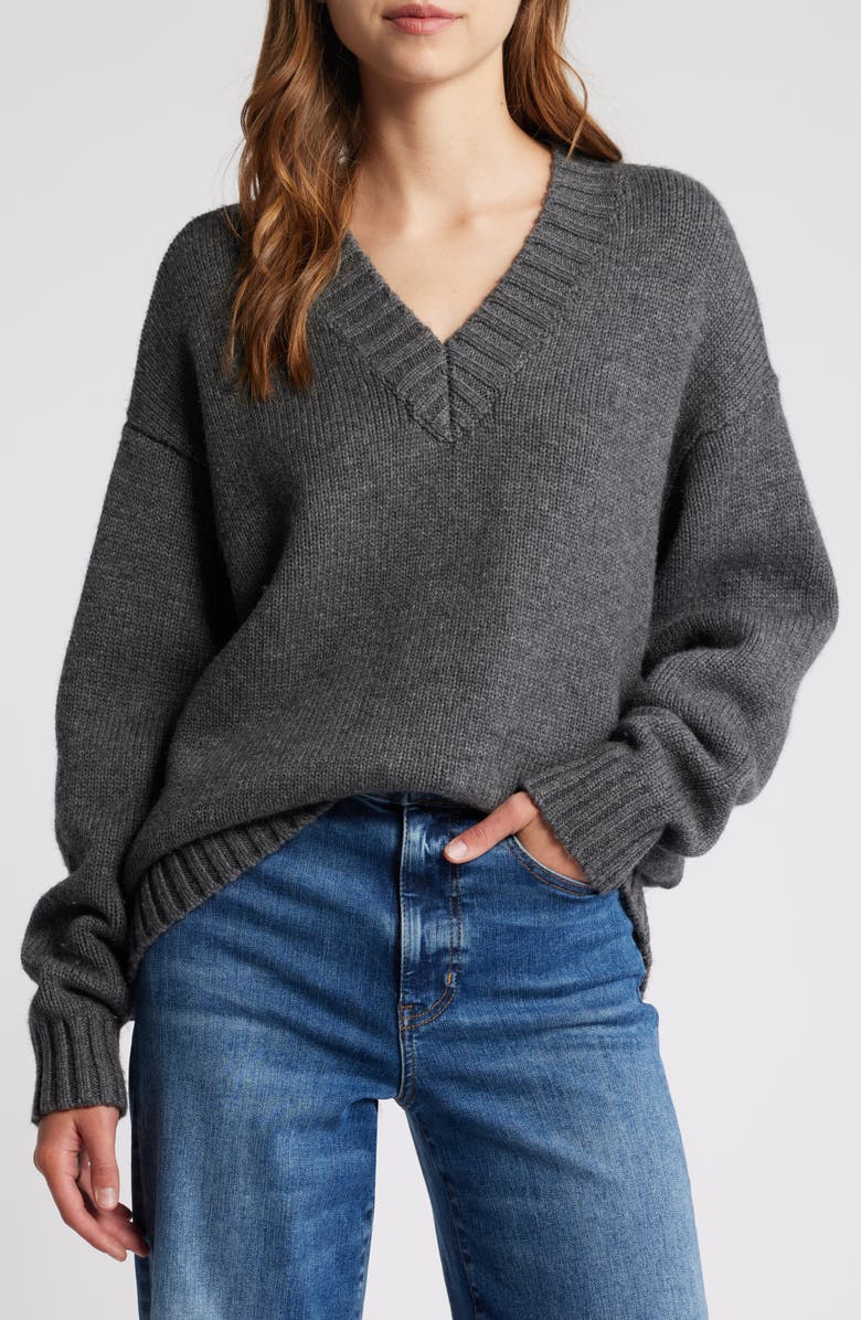 FRAME Chunky V-Neck Wool & Cashmere Sweater, Main, color, Charcoal Heather