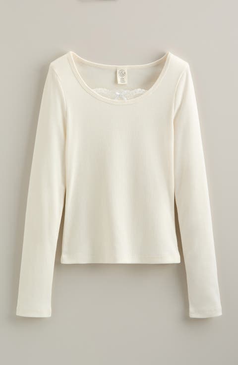 Kids' Peekaboo Lace Cotton Blend Rib Top