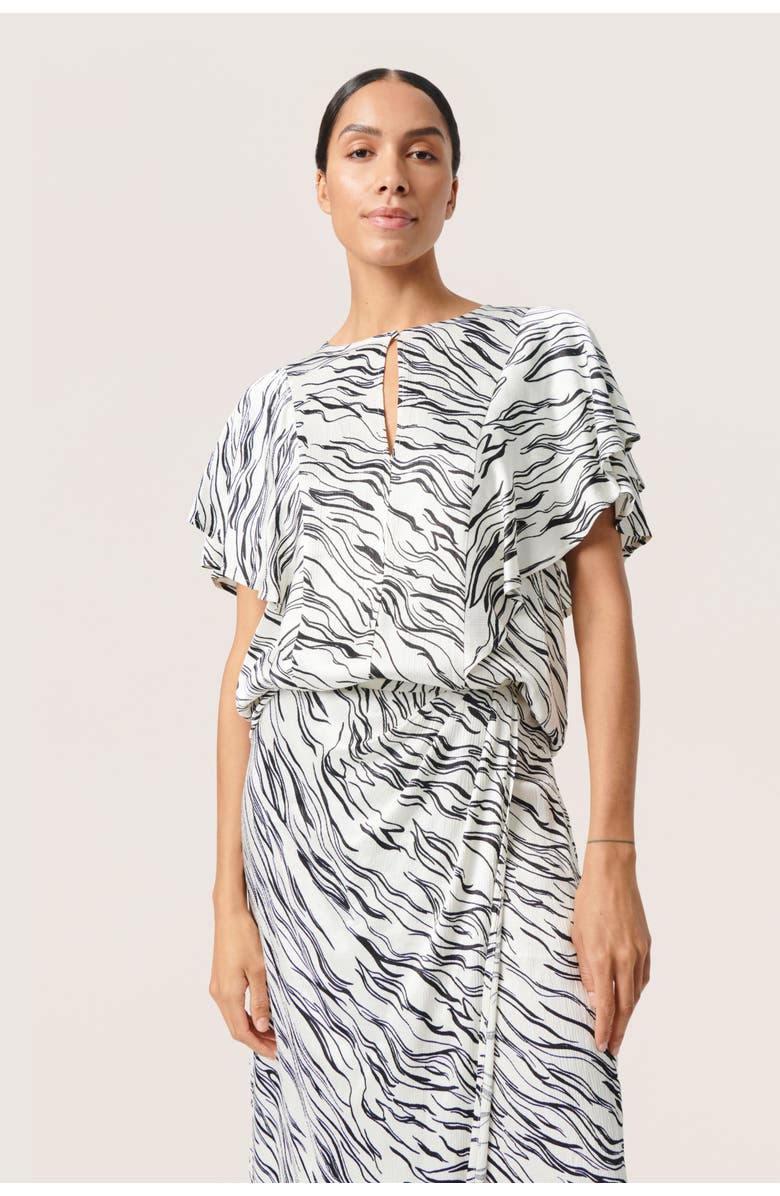 Soaked in Luxury Vinka Ruffle Sleeve Round Neck Blouse, Main, color, White/Black Wave Print