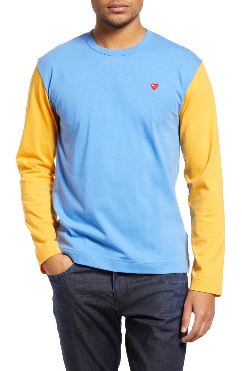 Comme des Garçons PLAY Colorblock Long Sleeve Cotton T-Shirt, Main, color, Blue/ Yellow