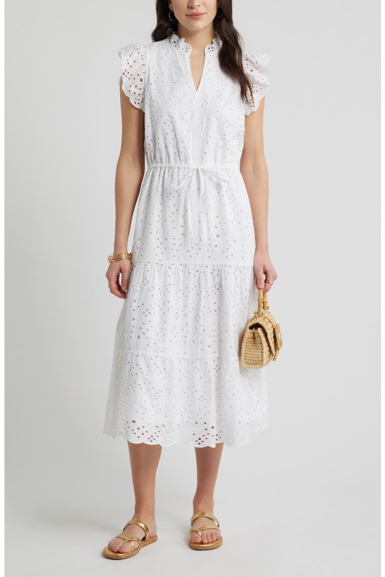 Ruffle Flutter Sleeve Cotton Broderie Anglaise Midi Dress, Main, color, WHITE