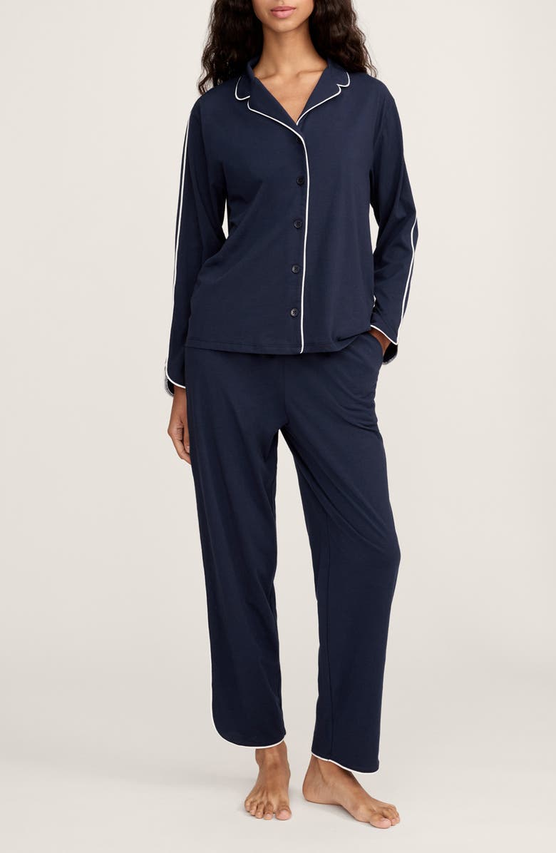 Petite Plume Tulip Piped Pima Cotton Pajamas, Main, color, Navy