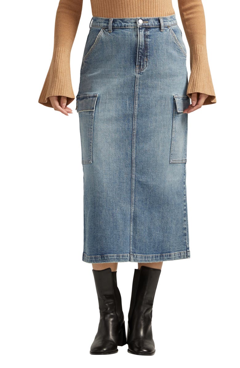 Silver Jeans Co. Cargo Denim Midi Skirt, Main, color,