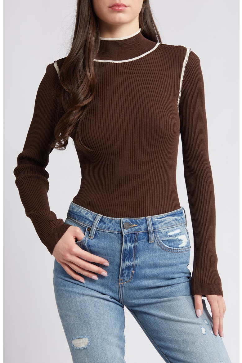 Contrast Seam Mock Neck Long Sleeve Top, Main, color, BROWN