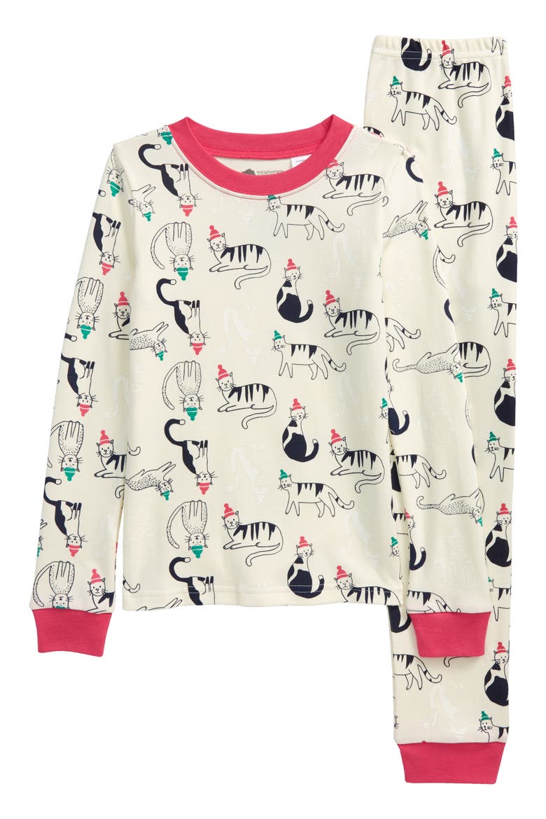 Kids' Glow in the Dark Fitted Two-Piece Pajamas, Main, color, IVORY EGRET HOLIDAY CATS