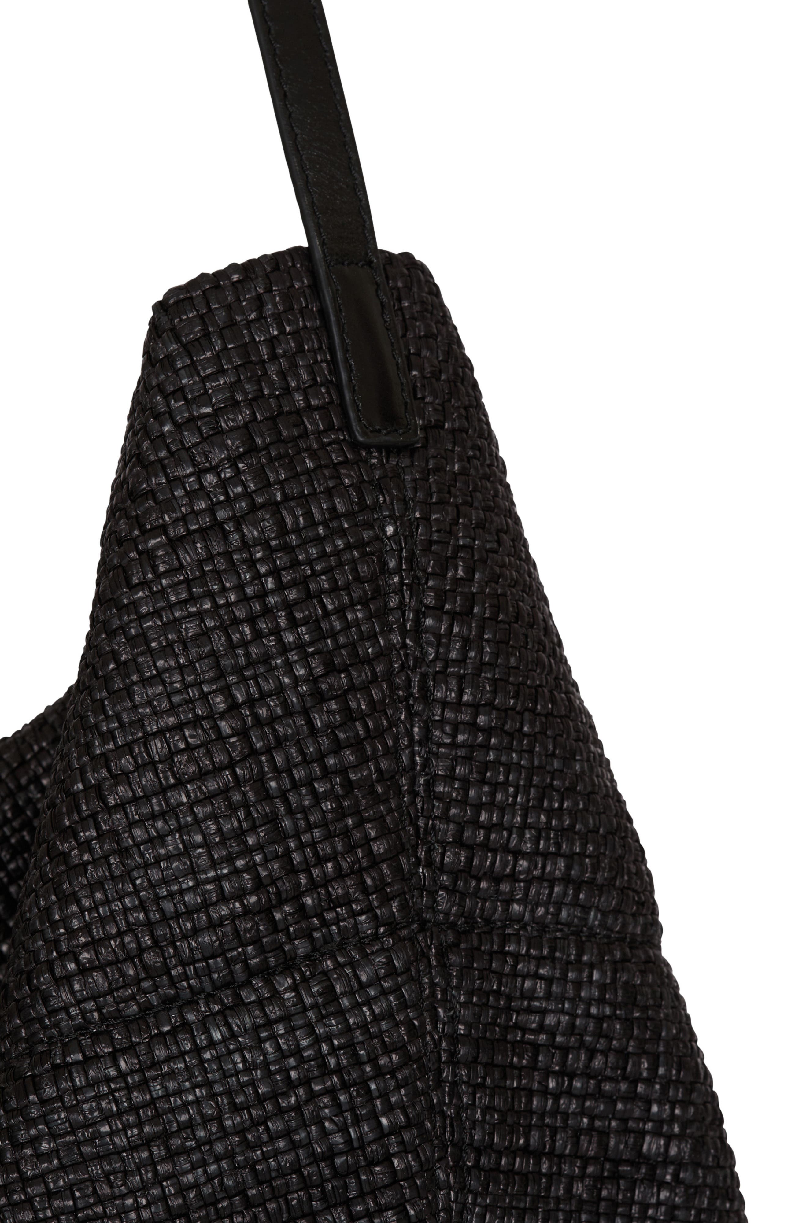 Balmain Track tote bag in raffia and calfskin, Alternate, color, Black