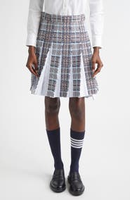 Thom Browne Plaid Drop Back Pleated Tweed Skirt