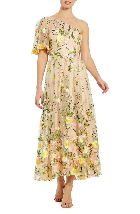 One Shoulder Floral Lace Embroidered Dress