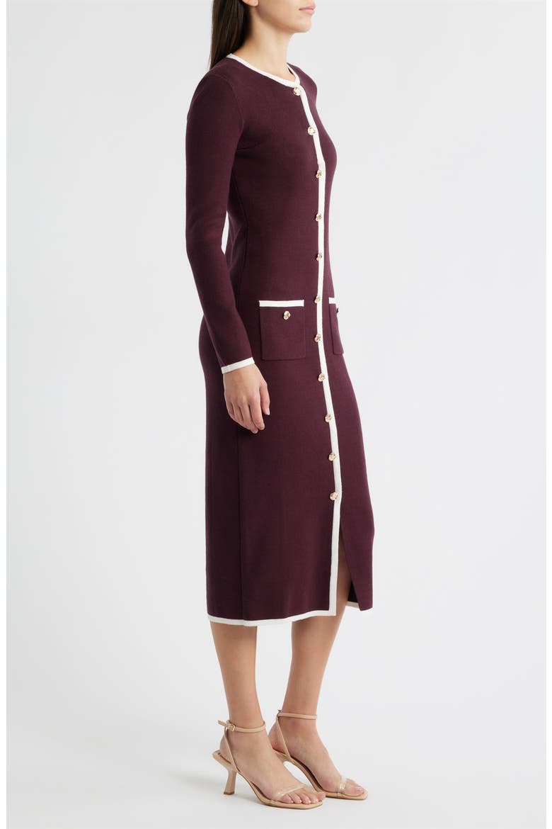 Long Sleeve Knit Midi Dress, Alternate, color, PLUM/ IVORY