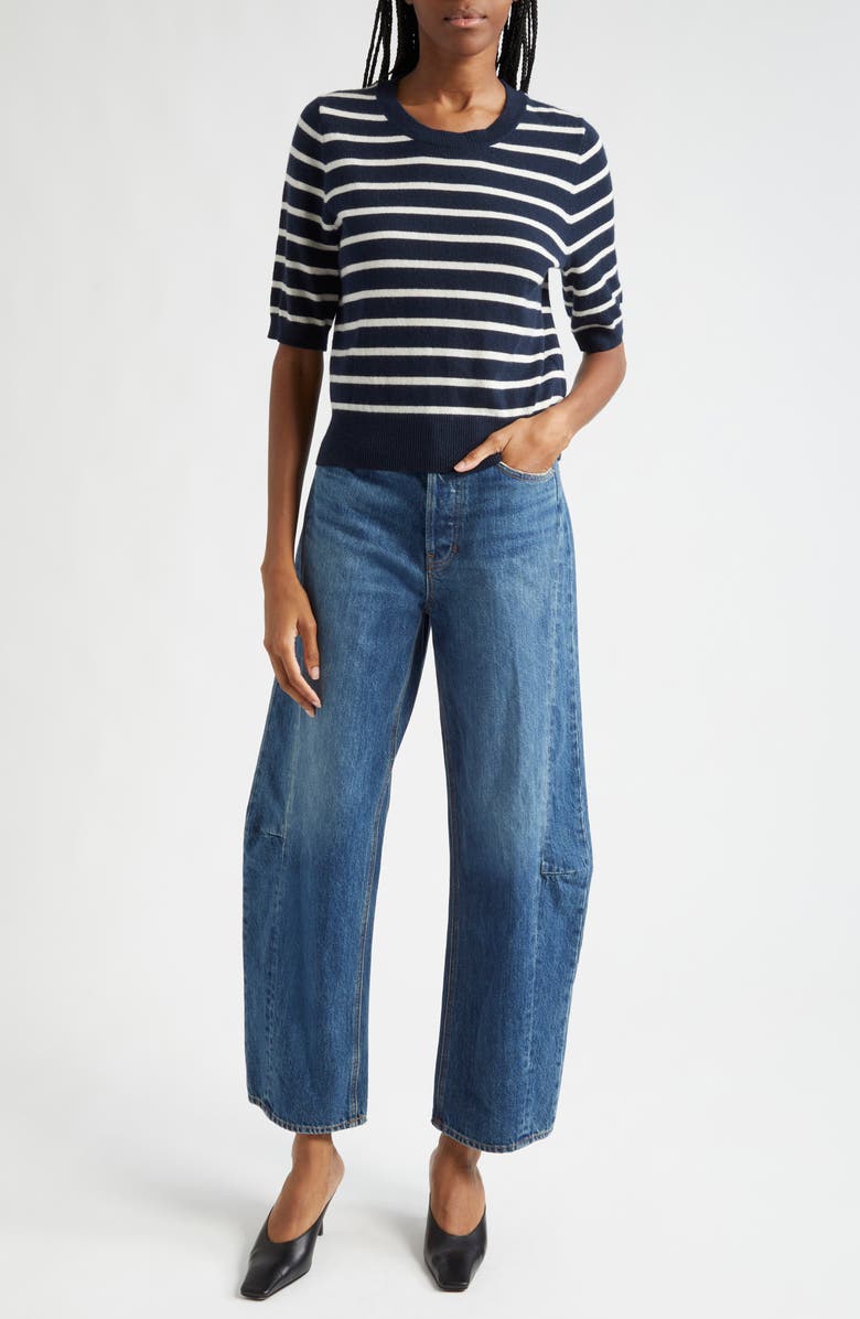 Veronica Beard Shana Stripe Short Sleeve Cashmere Sweater, Alternate, color,